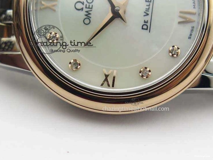 0426 De Ville 27mm SS RG Ladies MK 1:1 Best Edition White MOP Dial Diamond Markers On SS Bracelet Ronda Quartz Chic 8198